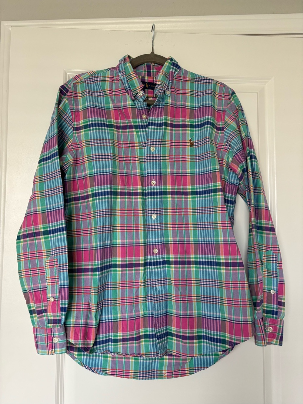 Polo Ralph Lauren Mens Pink and Blue Plaid Madras Long Sleeve Button Down Shirt